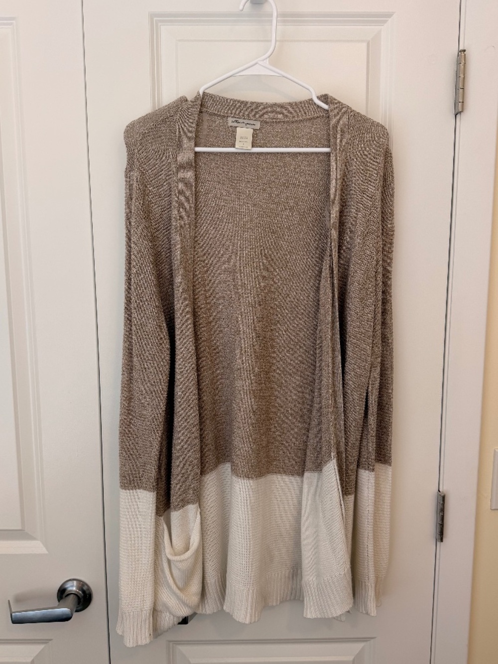 Beige & Cream Colorblock Open Front Long Cardigan Sweater